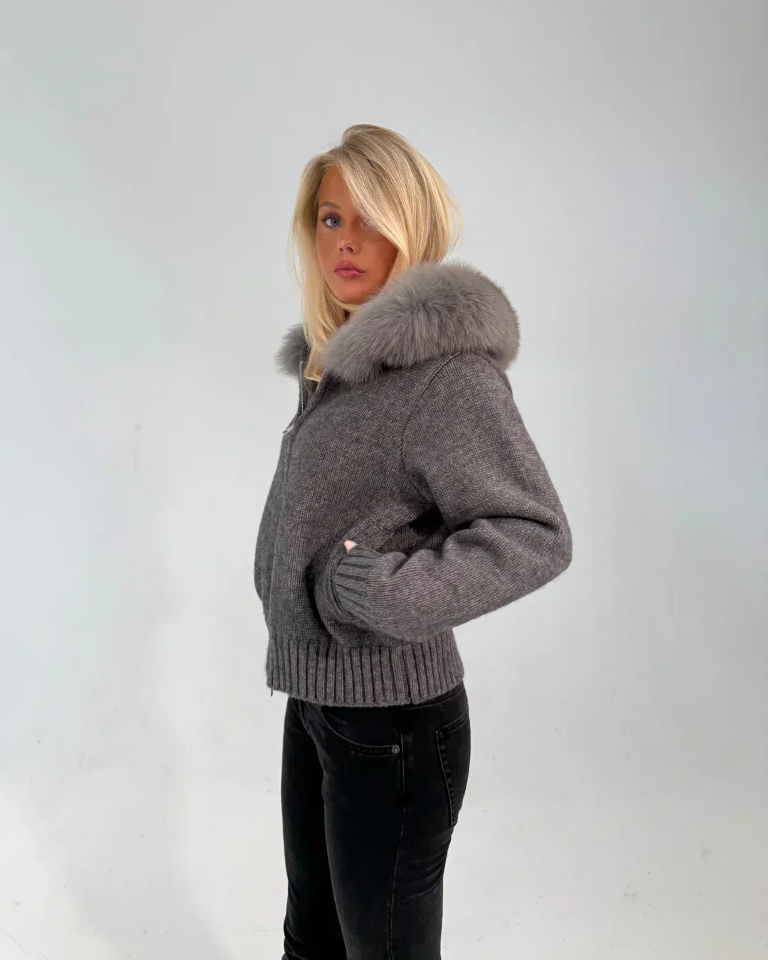 FUR ZIP JACKET GREY - Image 2